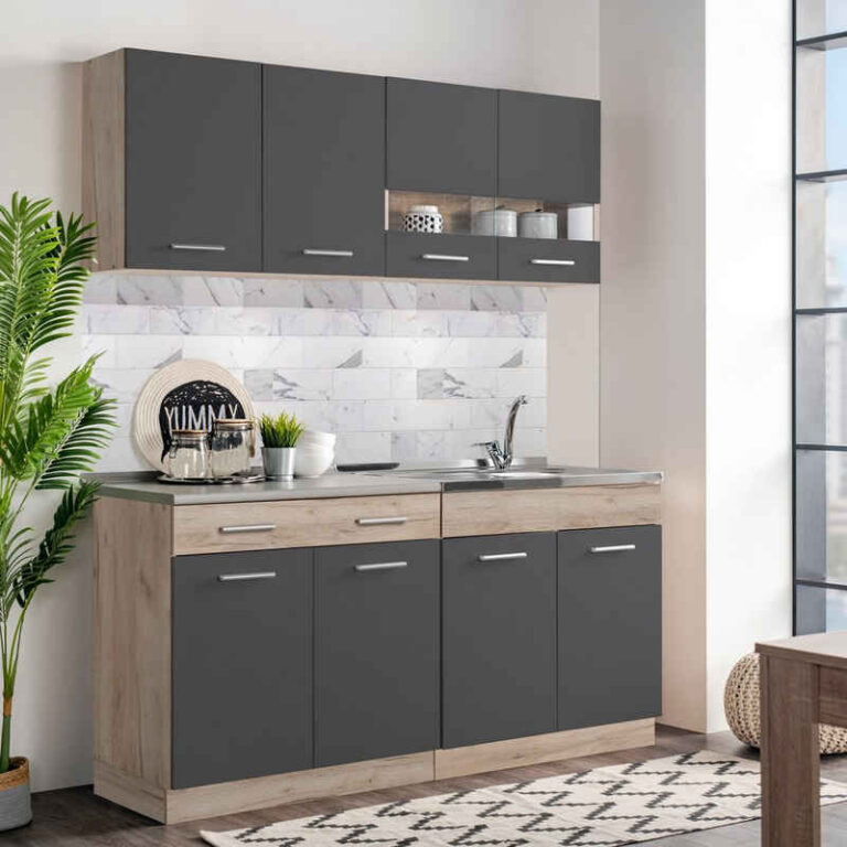 Homestyle4u Küchenzeile 160 cm ohne Geräte klein Einbauküche Grau matt Eiche Glas Braun, (Oberschränke, Unterschränke, Arbeitsplatte, Singkleküche), Küchenblock, Singleküche