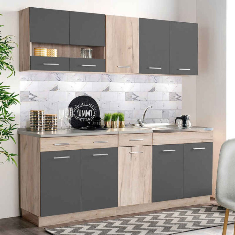 Homestyle4u Küchenzeile 200 cm ohne Geräte Grau matt Eiche Singleküche Küchenschränke Glas, (Oberschränke, Unterschränke, 2 Arbeitsplatten, Einbauküche), Küchenblock, Grau und Braun, Einbauküche