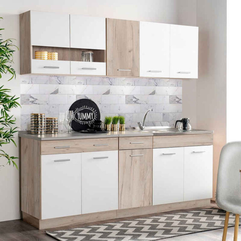 Homestyle4u Küchenzeile 200 cm ohne Geräte Singleküche Küchenschränke Weiß matt Eiche Braun, (Oberschränke, Unterschränke, 2 Arbeitsplatten, Einbauküche), Küchenblock, Einbauküche