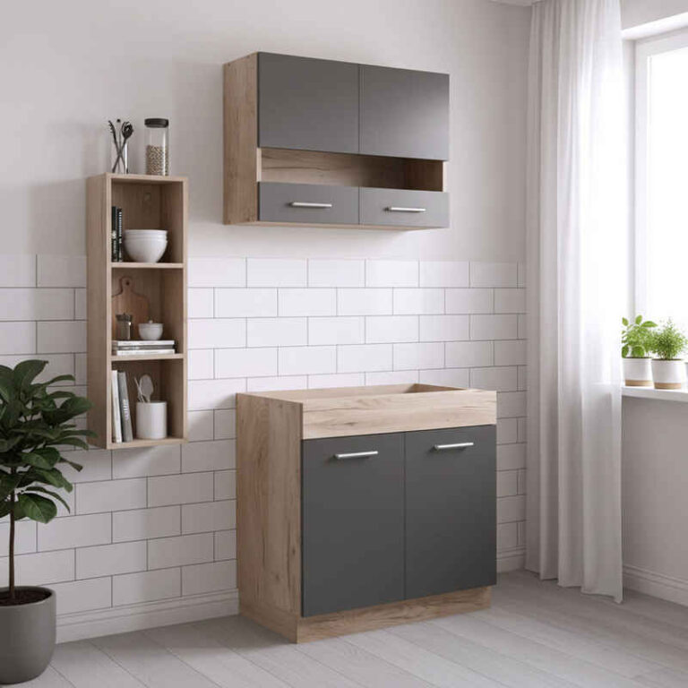 Homestyle4u Küchenzeile 80 cm ohne Geräte, Singleküche, matt Grau Eiche, Glas-Oberschränke, (Oberschränke, Unterschränke), Küchenblock mit Oberschränken und Unterschränken, Einbauküche