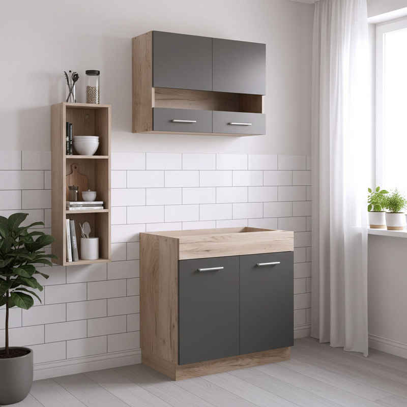 Homestyle4u Küchenzeile 80 cm ohne Geräte, Singleküche, matt Grau Eiche, Glas-Oberschränke, (Oberschränke, Unterschränke), Küchenblock mit Oberschränken und Unterschränken, Einbauküche – Bild 1