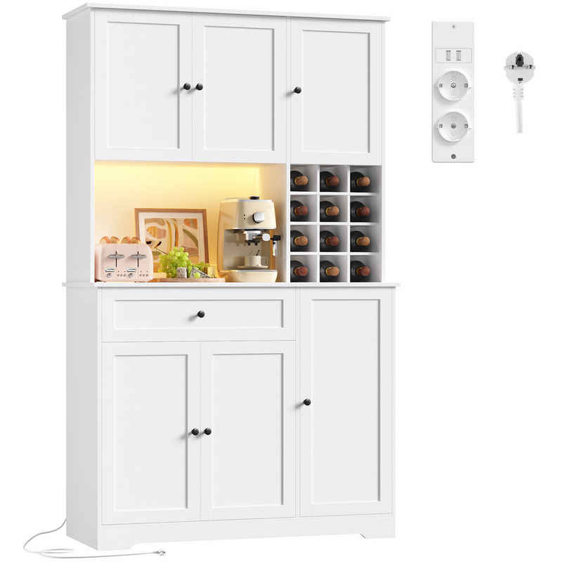 Homfa Küchenbuffet Küchenbuffet mit LED & Weinregal Küchenschrank Buffetschrank Sideboard weiß mit Steckdosenleiste & Arbeitsplatte 180x100x39cm – Bild 1
