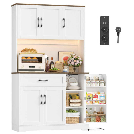 Homfa Küchenbuffet Küchenbuffet mit LED Küchenschrank Buffetschrank Sideboard weiß mit Steckdosenleiste & Arbeitsplatte 180,5x100x38,6cm – Bild 1