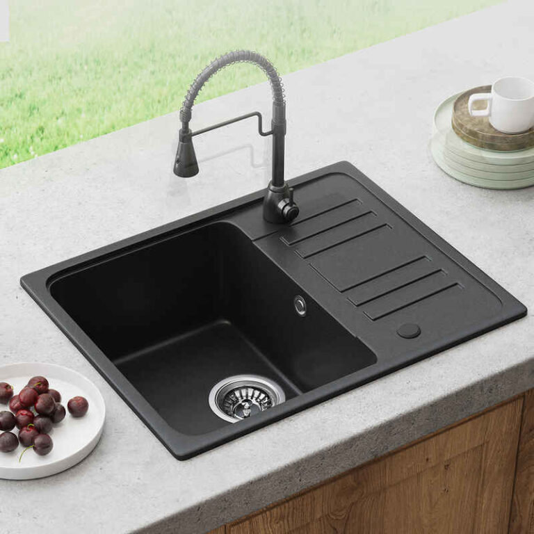 HOROW Granitspüle Granit Spüle in Schwarz 1 Becken Einbauspüle in 57 x 45 cm, 57/45 cm, mit Siphon Ab- und Überlaufgarnitur