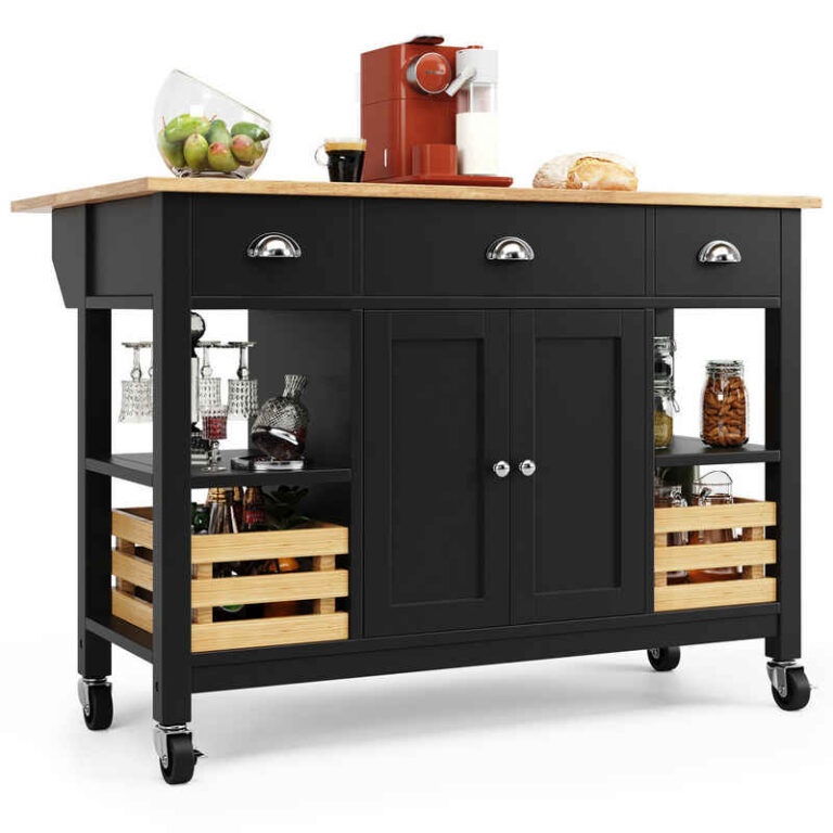 i@home Kücheninsel Küchenschrank, Essschrank, Esszimmerwage,360 Grad drehbare Räder, (Bis 60 kg belastbar, 2 Schiebetüren und 2 Schubladen,120×45×90cm), Multifunktions-Esstisch mit Kiefernkorb Aufbewahrungskorb, schwarz