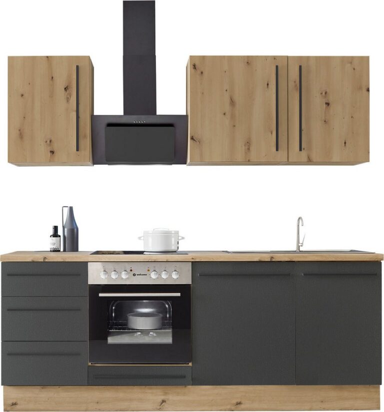 KOCHSTATION Küchenzeile KS-Florida mit 38mm starker Arbeitsplatte, Breite 220 cm, wahlweise mit E-Geräten, Soft-Close-Funktion