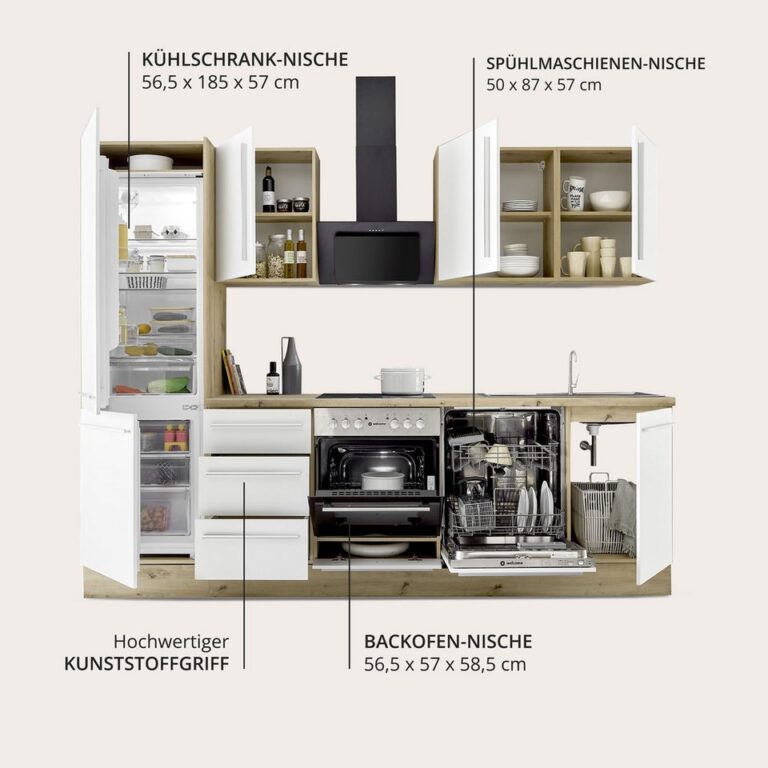 KOCHSTATION Küchenzeile KS-Florida mit 38mm starker Arbeitsplatte, Breite 280 cm, wahlweise mit E-Geräten, Soft-Close-Funktion