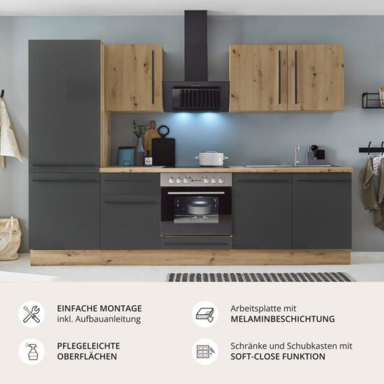 KOCHSTATION Küchenzeile KS-Florida mit 38mm starker Arbeitsplatte, Breite 270 cm, wahlweise mit E-Geräten, Soft-Close-Funktion – Bild 3