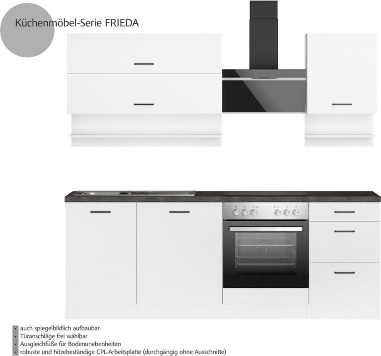 KOCHSTATION Küchenzeile KS-Frieda Breite 220 cm, wahlweise mit E-Geräten, mit 38mm starker Arbeitsplatte