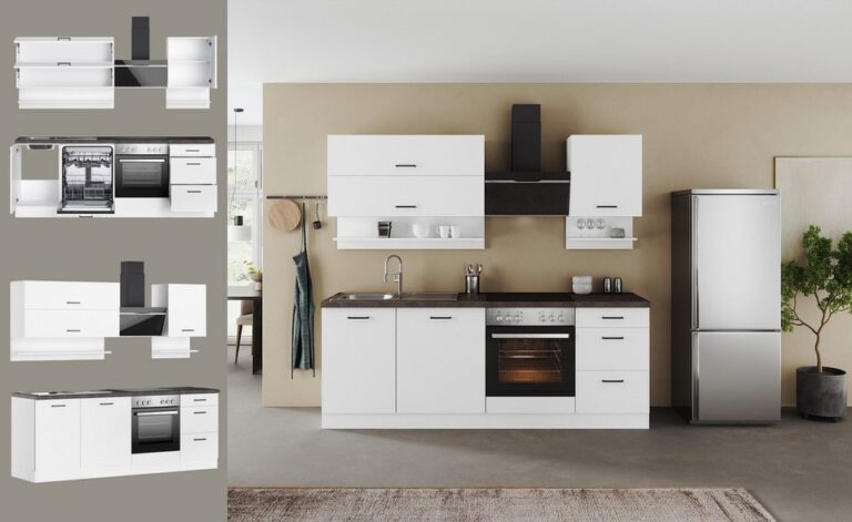 KOCHSTATION Küchenzeile KS-Frieda Breite 220 cm, wahlweise mit E-Geräten, mit 38mm starker Arbeitsplatte