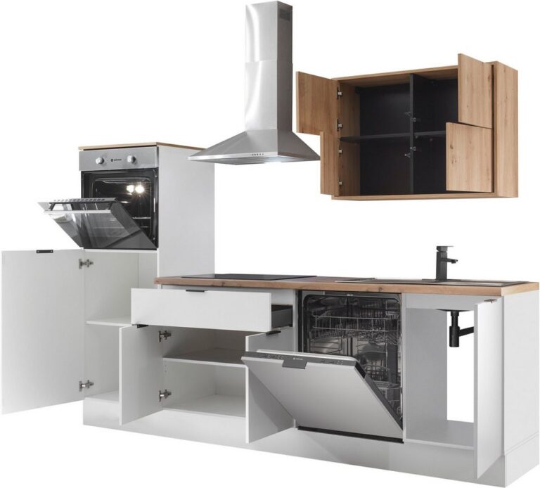 KOCHSTATION Küchenzeile KS-Georgia, mit 38mm starker Arbeitsplatte, Breite 260 cm, wahlweise mit E-Geräten und Kühlschrank
