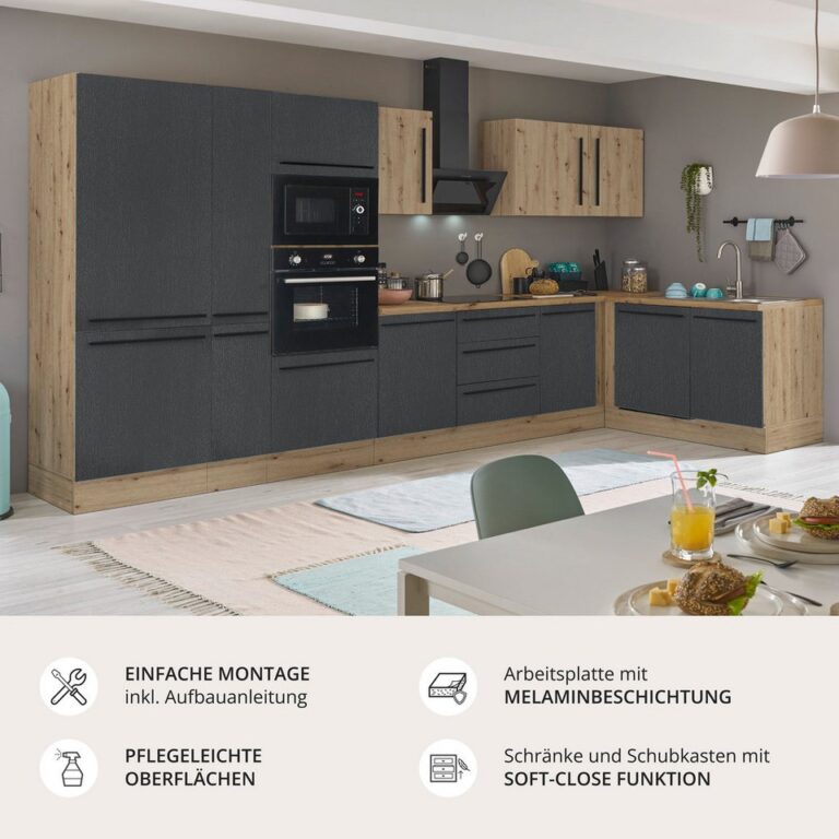 KOCHSTATION Winkelküche Florida, Stellbreite 370x175 cm, wahlweise mit E-Geräten, mit Softclose für Türen und Schubkästen