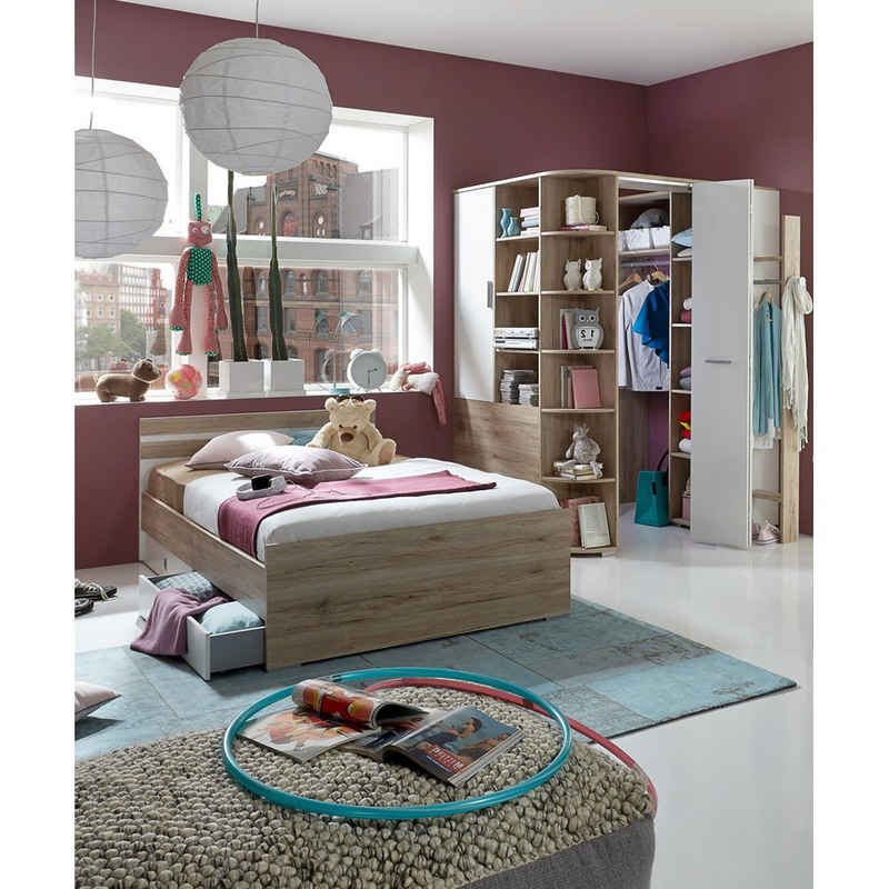 Lomadox Jugendzimmer-Set JOHANNESBURG-43, (Sparset, 4-tlg), San Remo Eiche Nb. und weiß, begehbarer beleuchteter Eckkleiderschrank – Bild 1