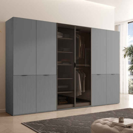 MOEBLO Drehtürenschrank MINEWRA ANTISOL 300 (Moderner Drehtürenschrank mit getönter Glasfront – viel Stauraum, verstellbare Einlegeböden & Kleiderstangen – robuster 6-türiger Kleiderschrank für Schlafzimmer und Garderobe) (BxHxT): 303x200x49 cm – Bild 1
