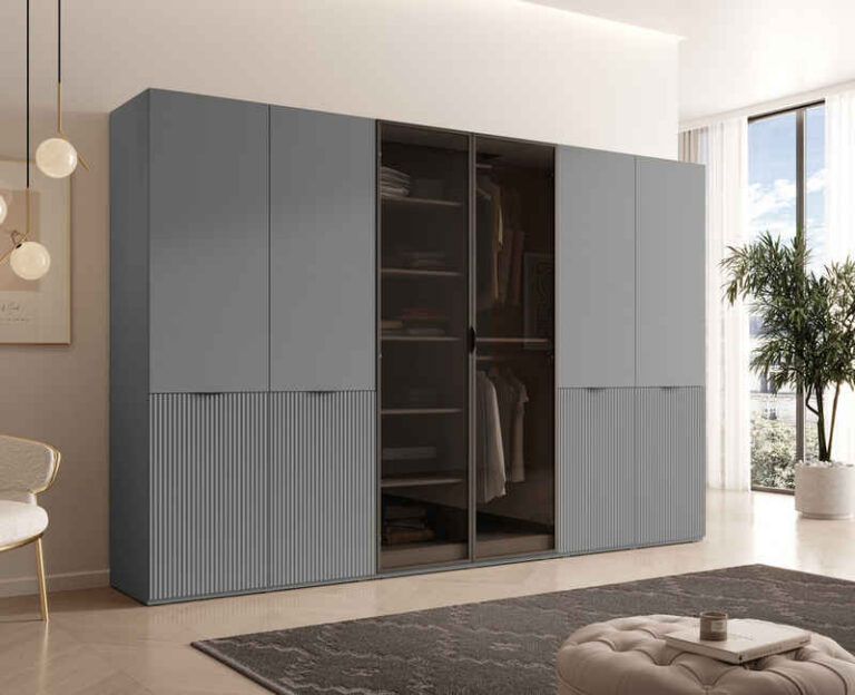 MOEBLO Drehtürenschrank MINEWRA ANTISOL 300 (Moderner Drehtürenschrank mit getönter Glasfront – viel Stauraum, verstellbare Einlegeböden & Kleiderstangen – robuster 6-türiger Kleiderschrank für Schlafzimmer und Garderobe) (BxHxT): 303x200x49 cm