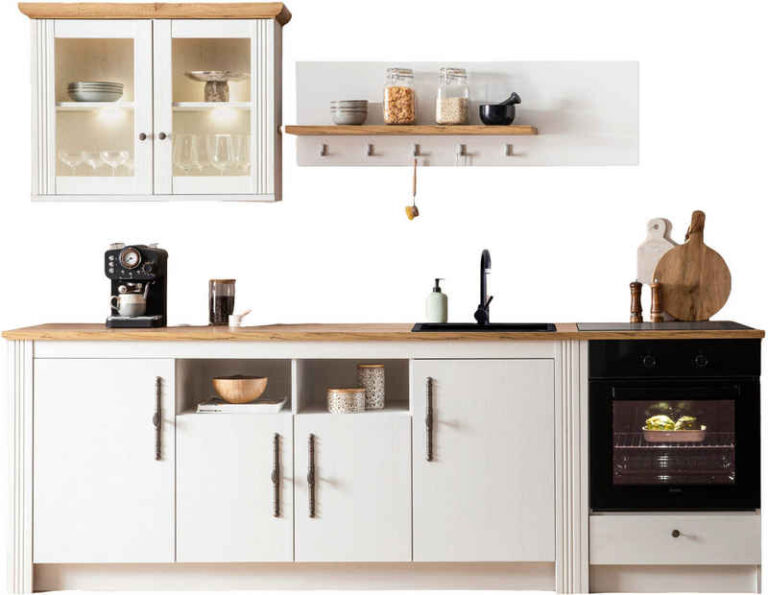 OTTO home Küchenzeile KS-Westminster, Pantryküche im Landhaus Stil, hochwertige Metallgriffe, (Set), Breite 268 cm, Sideboard, Wandpaneel, Hängeschrank und Herdumbau