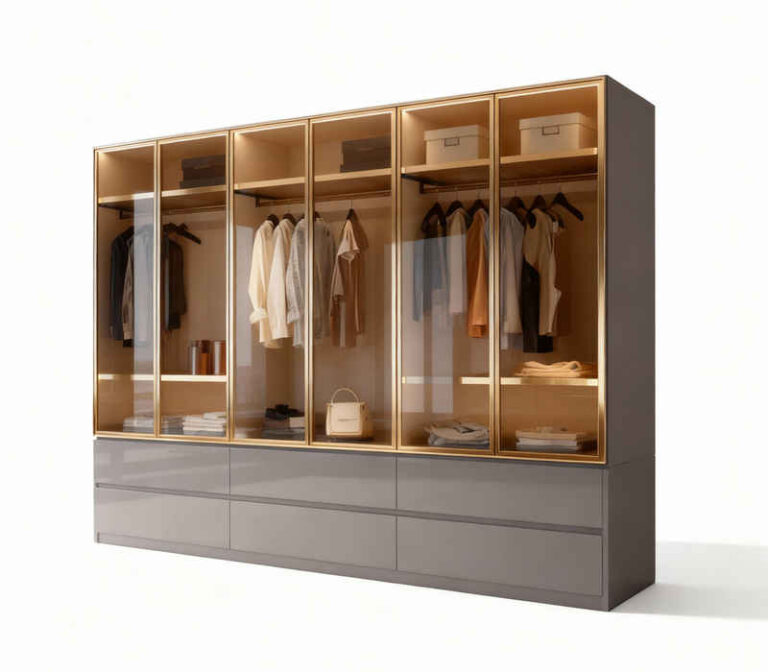 Palms-Store Kleiderschrank Luxemburg 6-Türig Glastüren mit goldfarbenen Glasrahmen (Spar-Set) Breite: 300 cm, Tiefe: 62 cm, Höhe: 218 cm, inkl. Zubehör