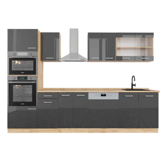 Vicco Küchenzeile R-Line, Anthrazit Hochglanz/Goldkraft Eiche, 300 cm mit Hochschrank... – Bild 1
