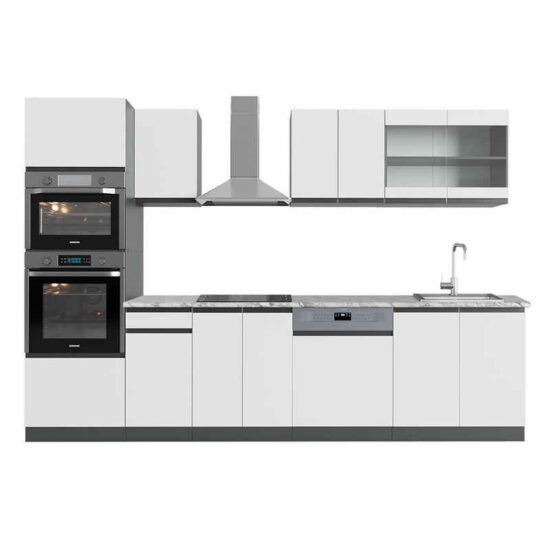 Vicco Küchenzeile R-Line, Weiß/Anthrazit, 300 cm mit Hochschrank, AP Marmor – Bild 1