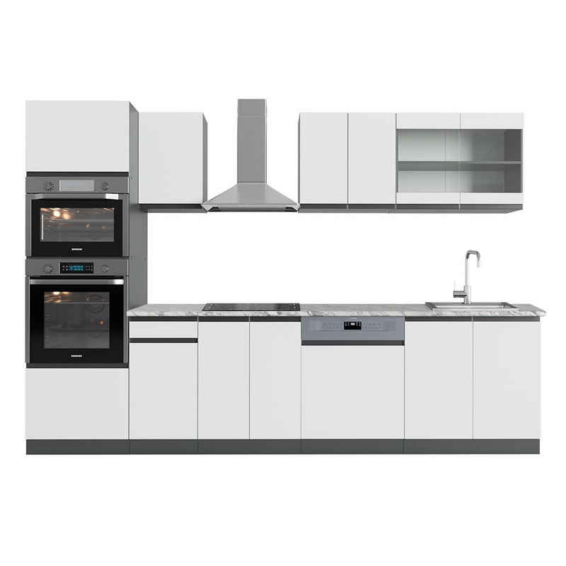 Vicco Küchenzeile R-Line, Weiß/Anthrazit, 300 cm mit Hochschrank, AP Marmor – Bild 1