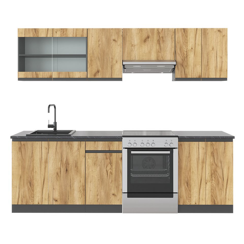Vicco Küchenzeile Raul, Goldkraft Eiche/Anthrazit/Anthrazit, 240 cm J-Shape – Bild 1