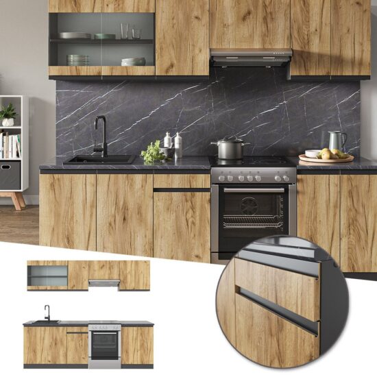 Vicco Küchenzeile Raul, Goldkraft Eiche/Anthrazit/Anthrazit, 240 cm J-Shape – Bild 3