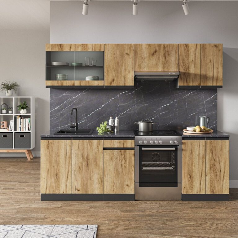 Vicco Küchenzeile Raul, Goldkraft Eiche/Anthrazit/Anthrazit, 240 cm J-Shape