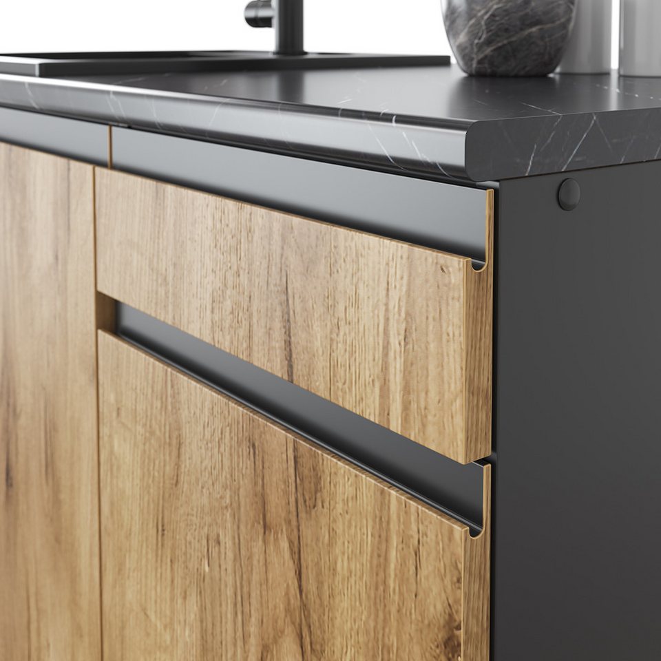 Vicco Küchenzeile Raul, Goldkraft Eiche/Anthrazit/Anthrazit, 240 cm J-Shape – Bild 6