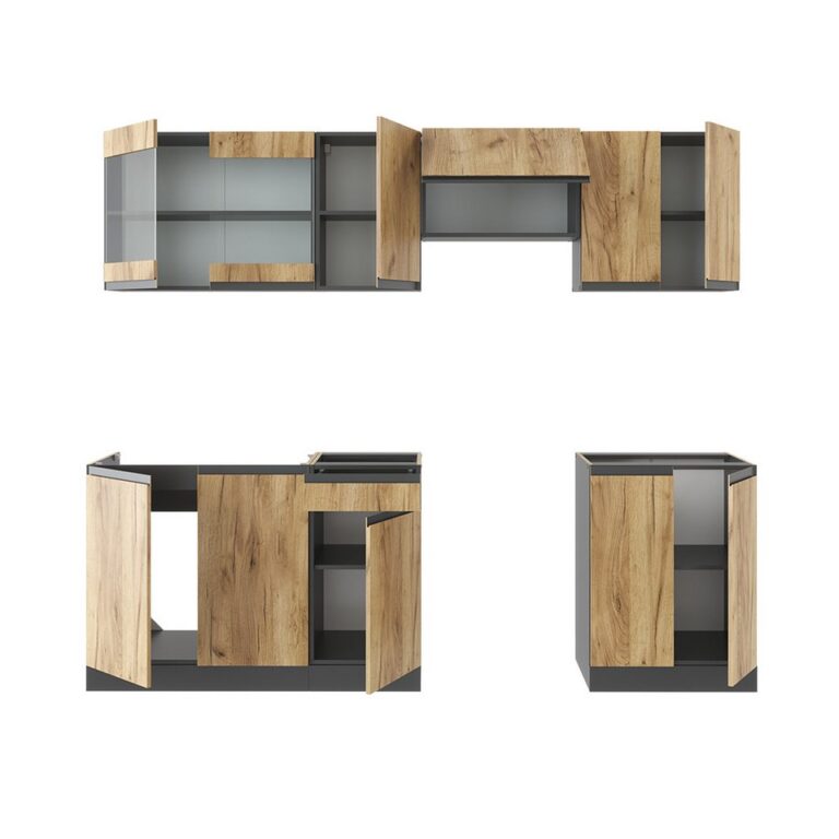 Vicco Küchenzeile Raul, Goldkraft Eiche/Anthrazit/Anthrazit, 240 cm J-Shape