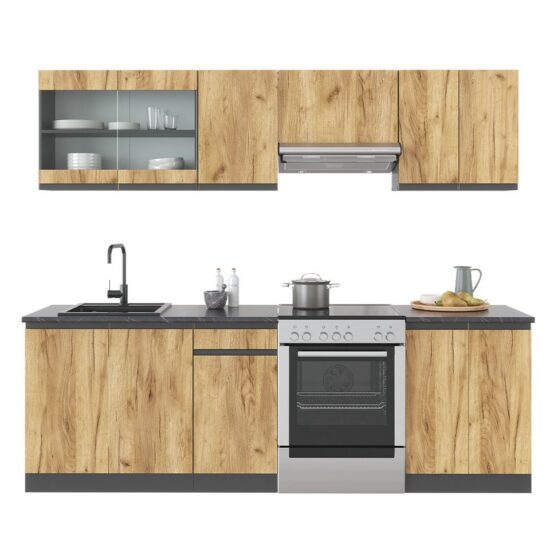 Vicco Küchenzeile Raul, Goldkraft Eiche/Anthrazit/Anthrazit, 240 cm J-Shape – Bild 8