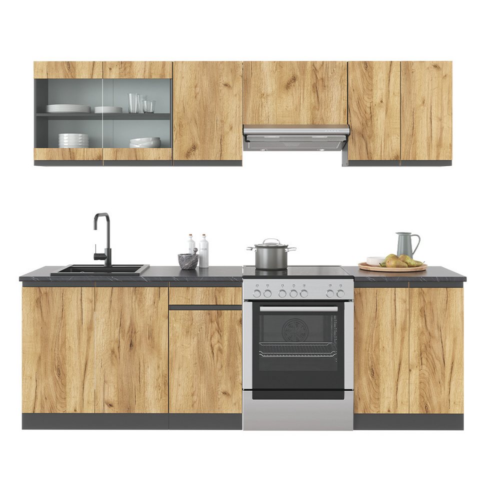Vicco Küchenzeile Raul, Goldkraft Eiche/Anthrazit/Anthrazit, 240 cm J-Shape – Bild 8