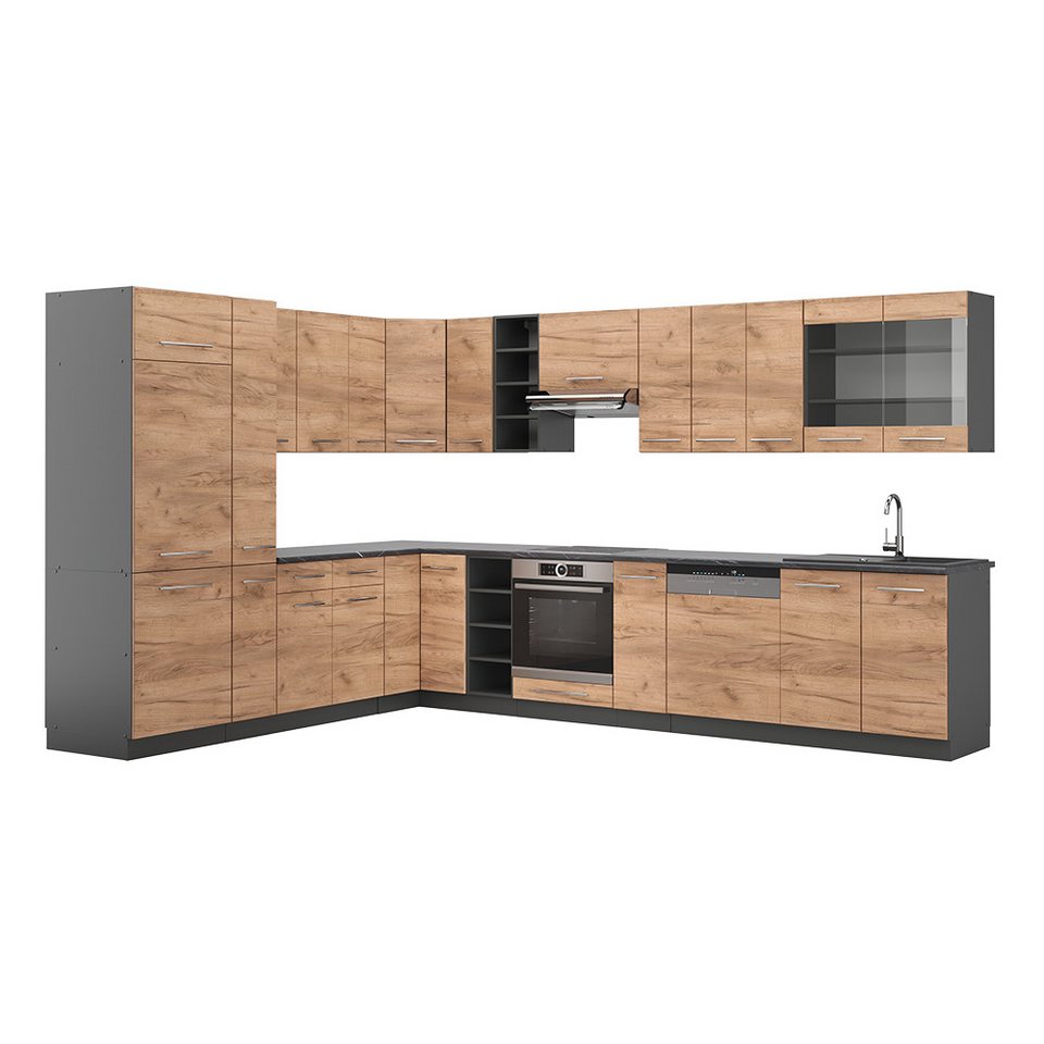Vicco Winkelküche Fame-Line, Goldkraft Eiche/Anthrazit, 347 x 257 cm, AP Anthrazit – Bild 1