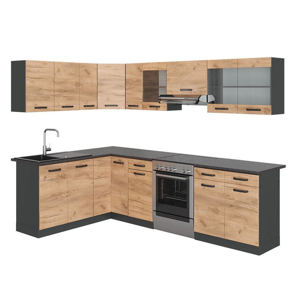 Vicco Winkelküche Rick, Goldkraft Eiche/Anthrazit, 267 x 167 cm, AP Schwarz – Bild 1